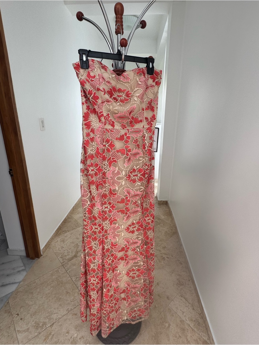 Strapless Coral and Cream Floral Gown